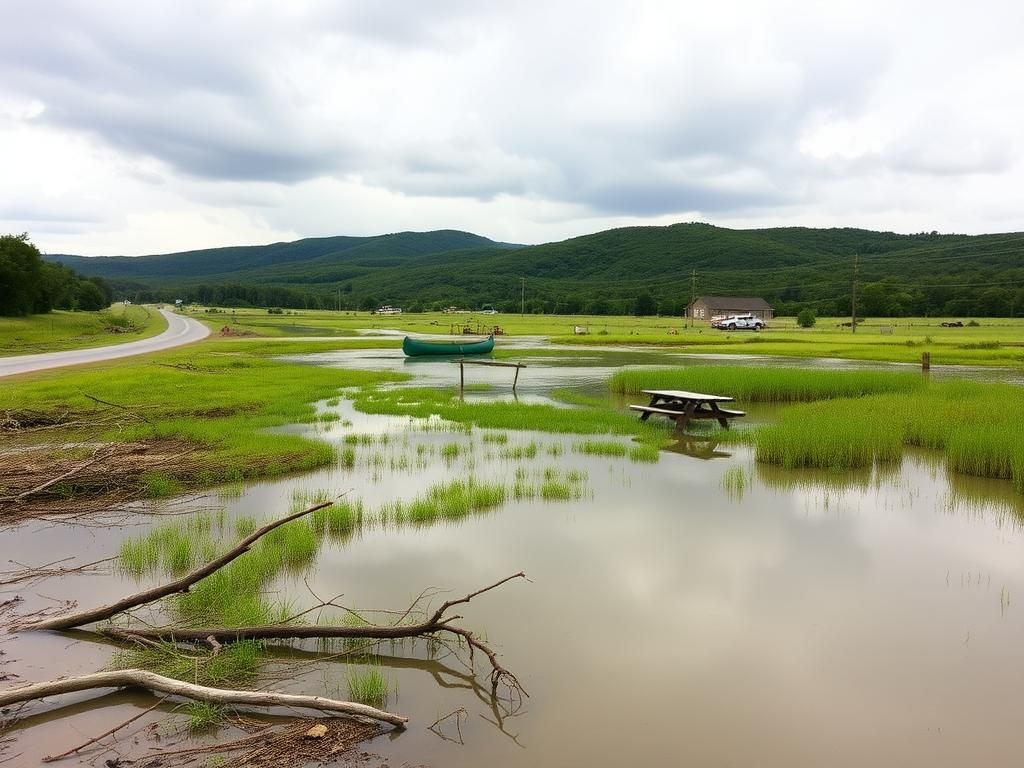Flick International A serene Texas Hill Country landscape showing post-flood devastation with a swollen creek and scattered debris