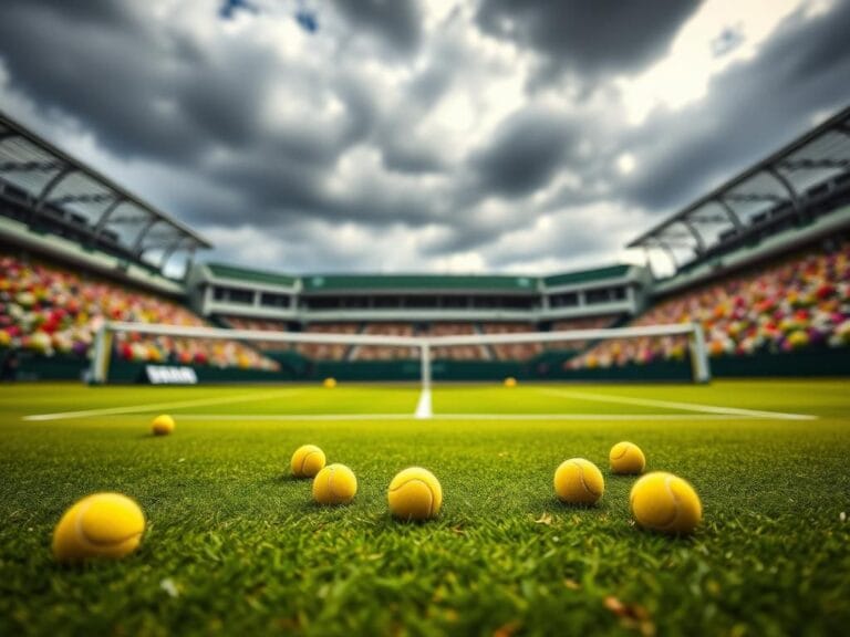 Flick International A dramatic tennis scene at Wimbledon featuring vibrant colors and a dynamic atmosphere.
