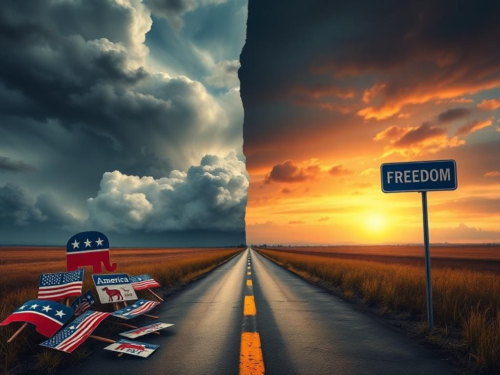 Flick International Illustration depicting the contrast between the old two-party system and the new America Party, showcasing faded emblems versus a vibrant logo under a changing sky.