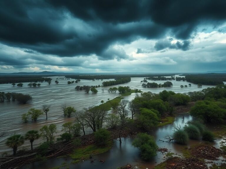 Flick International Aerial view of a flooded landscape in Texas showing aftermath of a devastating flood