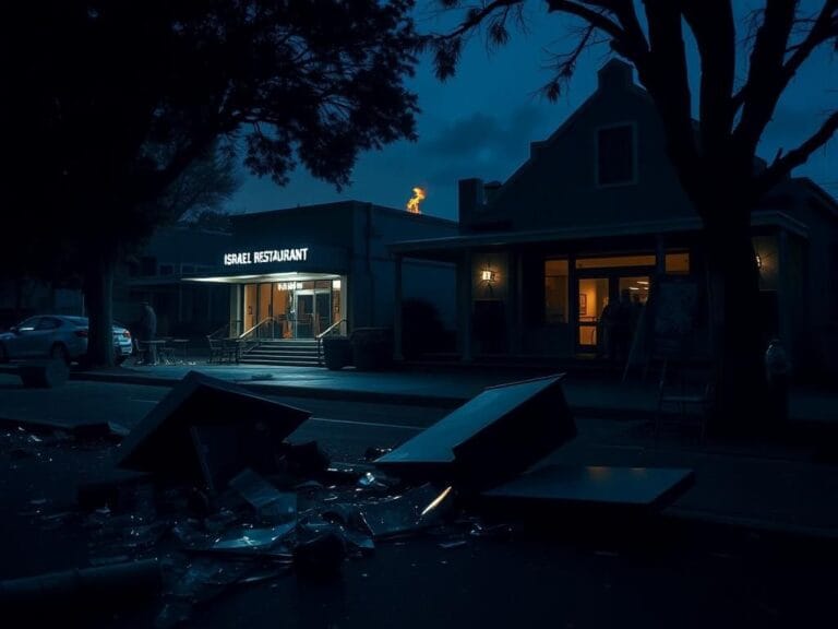 Flick International Dimly lit scene showing shattered glass and overturned furniture outside an Israeli restaurant and synagogue in Melbourne.