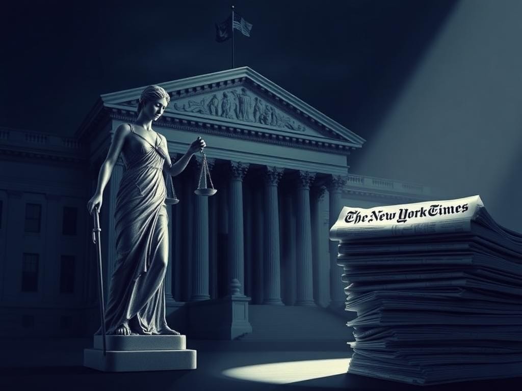 Flick International A dramatic scene of a cracked statue of Lady Justice in front of a federal building, symbolizing law enforcement and media criticism.