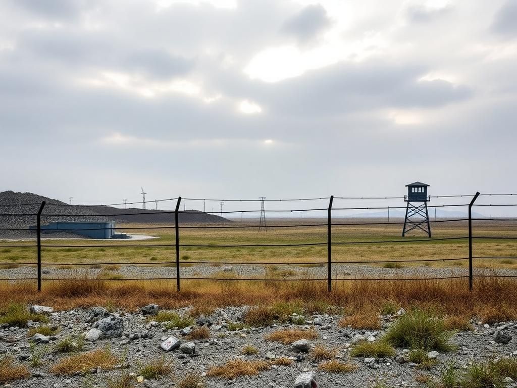 Flick International A North Korean man crossing the DMZ, with barbed wire and land mines visible in the desolate landscape