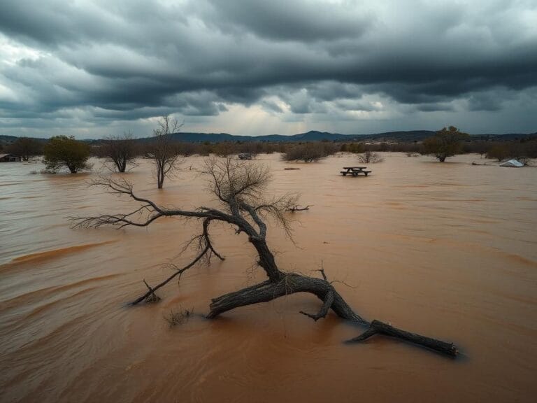 Flick International Flooded Texas Hill Country landscape with submerged trees and debris