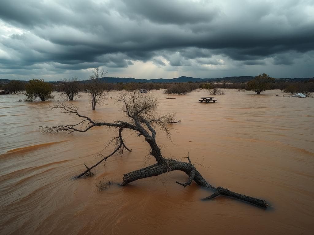 Flick International Flooded Texas Hill Country landscape with submerged trees and debris