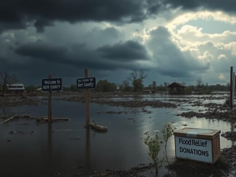 Flick International Partially submerged wooden signpost reading 'Welcome to Kerr County' surrounded by flood debris in Texas Hill Country