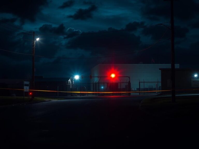 Flick International Tense scene outside an ICE detention center at night with police lights illuminating the dark street