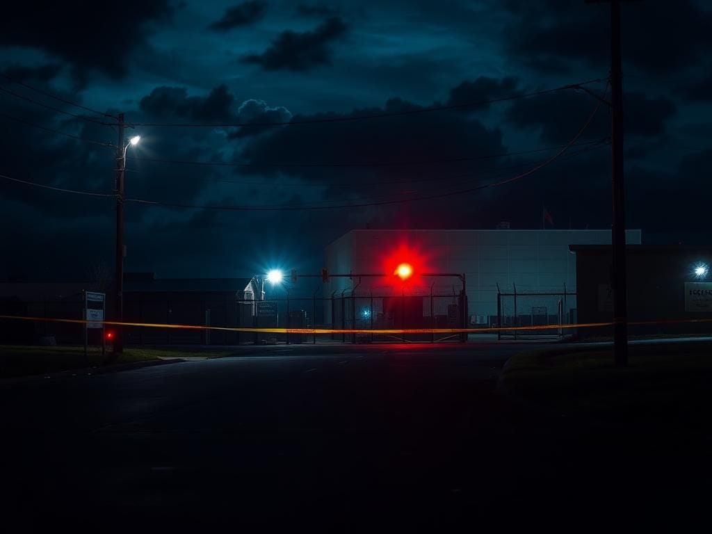 Flick International Tense scene outside an ICE detention center at night with police lights illuminating the dark street