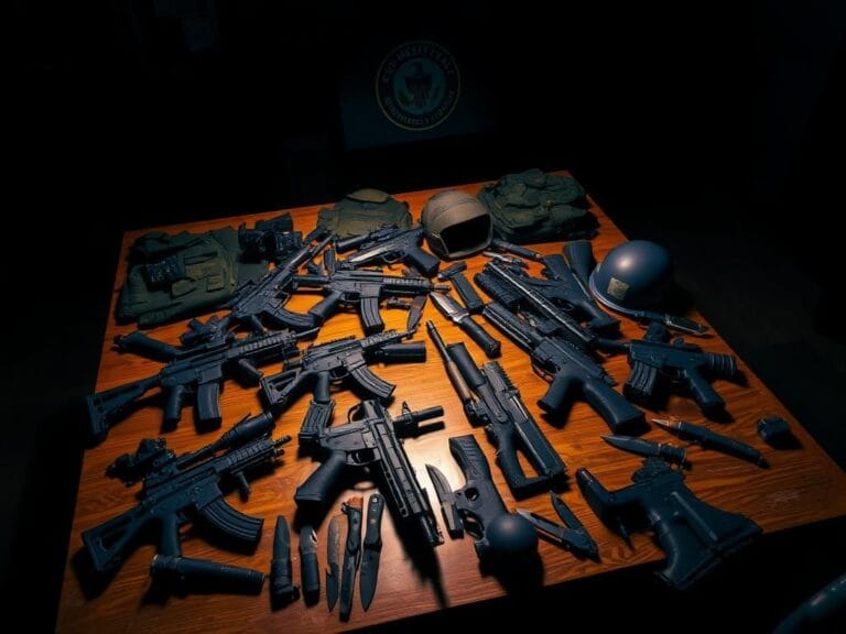 Flick International A dimly lit room showcasing an array of military-grade firearms on a wooden table