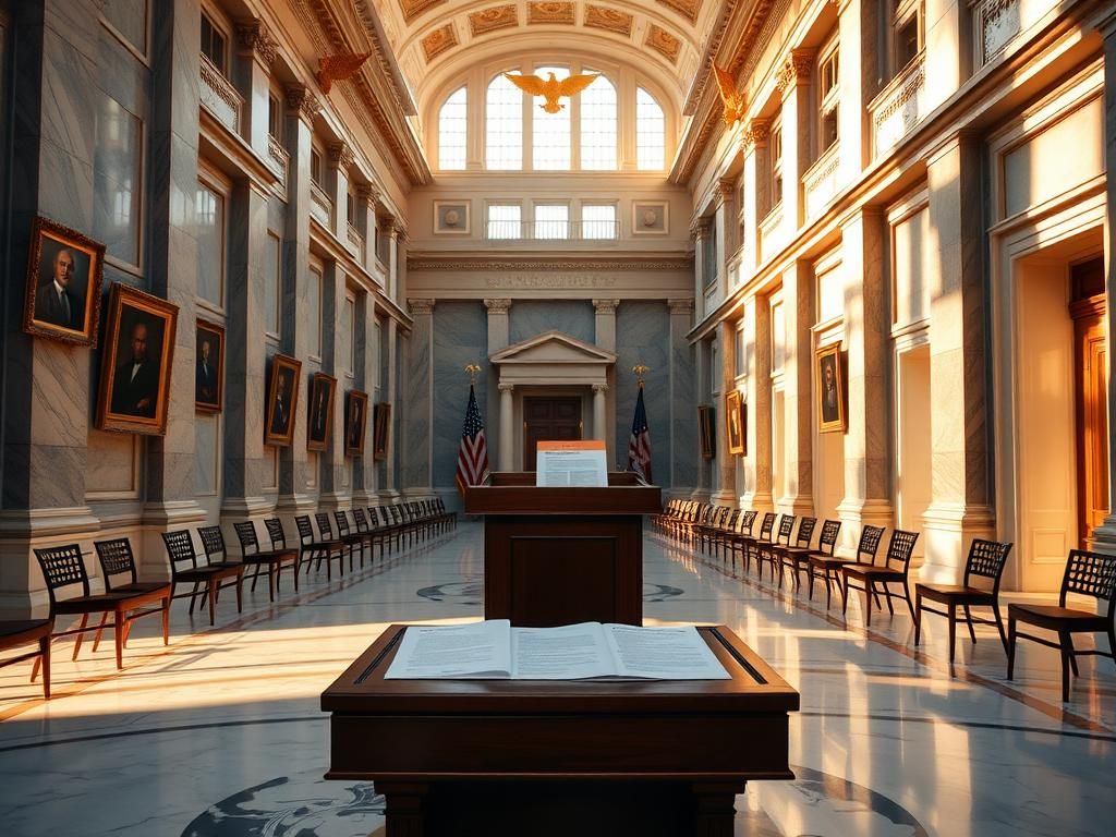 Flick International Empty podium in the grand marble corridor of the U.S. Capitol building representing legislative deliberation.