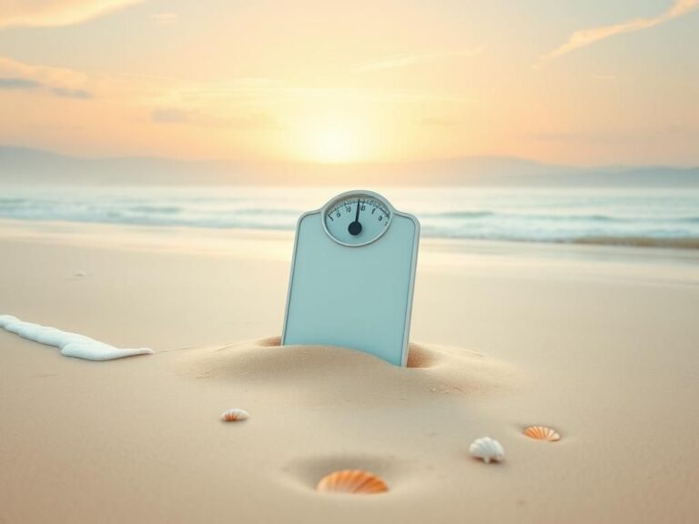 Flick International A weight scale partially buried in the sand on a beach, symbolizing shifting perspectives on body image.