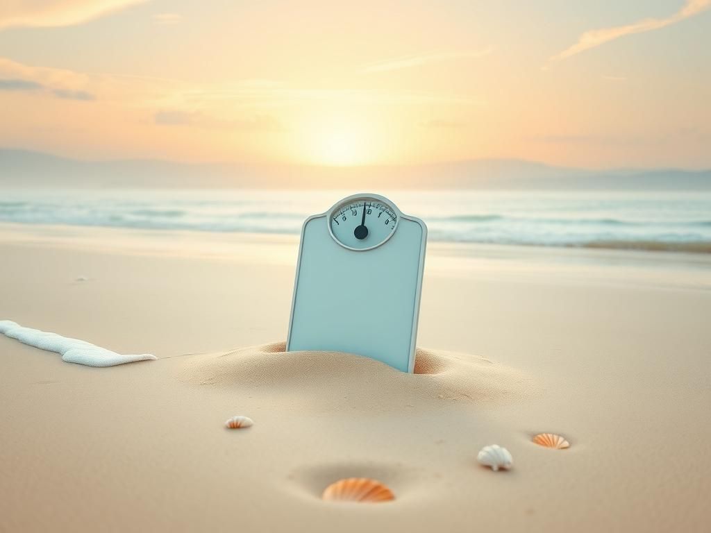 Flick International A weight scale partially buried in the sand on a beach, symbolizing shifting perspectives on body image.