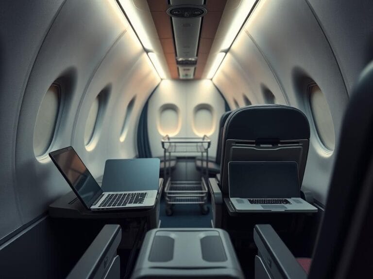 Flick International close-up view of airplane seats facing each other in a cramped cabin