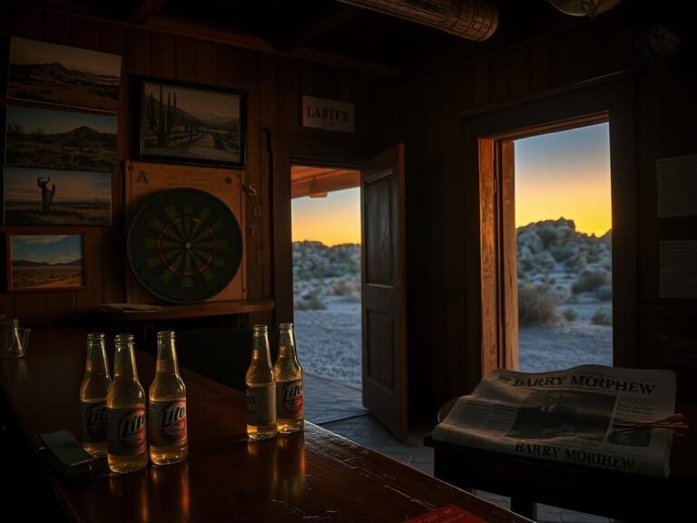 Flick International Dimly lit rustic bar in Cave Creek, Arizona, with a cluttered bar top and hints of mystery