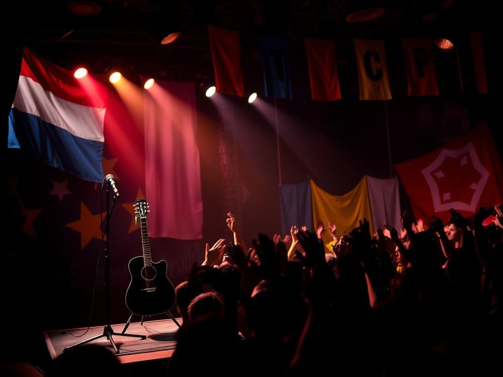 Flick International A dynamic rock concert scene with an empty microphone and guitar, symbolizing musical dissent.