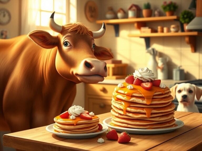 Flick International A large brown cow standing beside a table filled with fluffy pancakes in a cozy kitchen