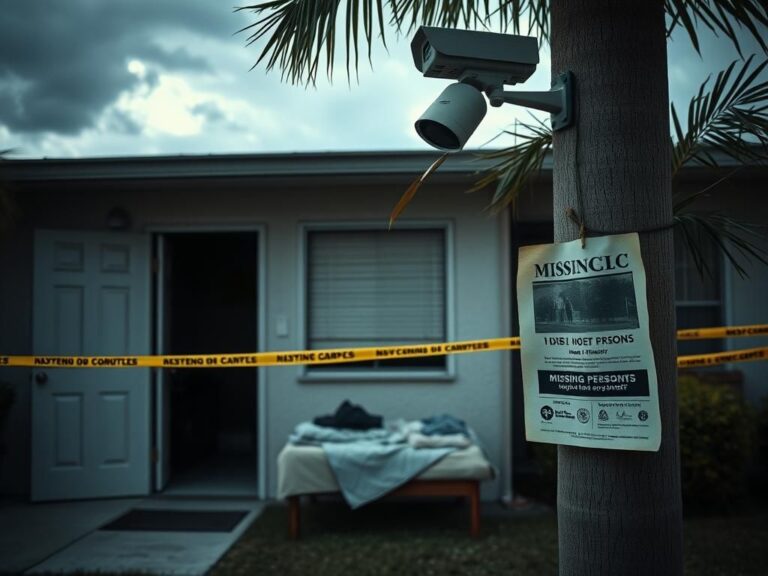 Flick International A somber Florida condo complex under a cloudy sky, highlighting a closed door and dimly lit interior