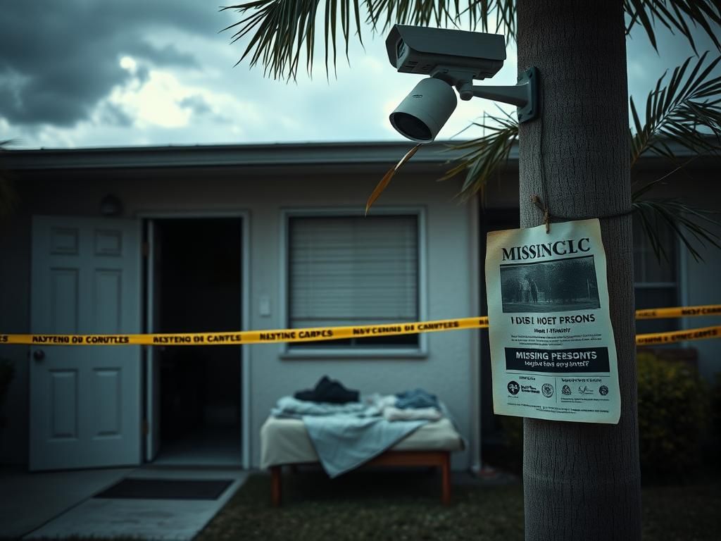 Flick International A somber Florida condo complex under a cloudy sky, highlighting a closed door and dimly lit interior