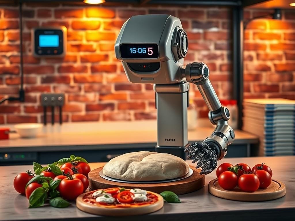 Flick International Robotic pizza maker actively kneading dough with fresh ingredients in an industrial kitchen