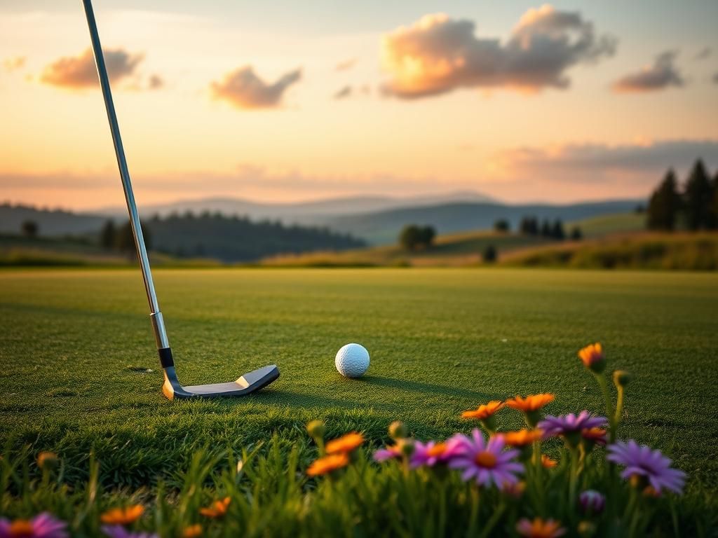 Flick International A serene golf course at sunrise with a putter and golf ball on the green