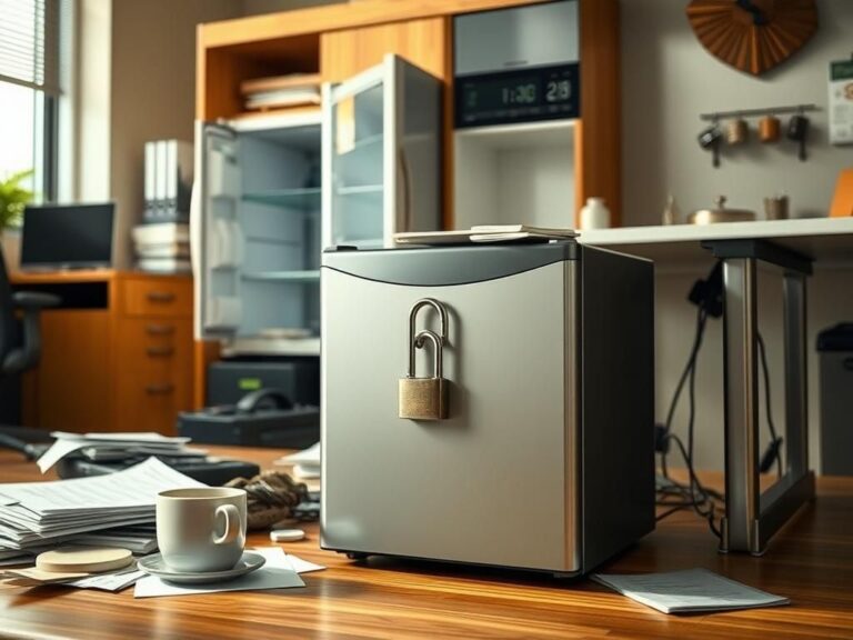 Flick International Locked mini-fridge under an office desk with padlock