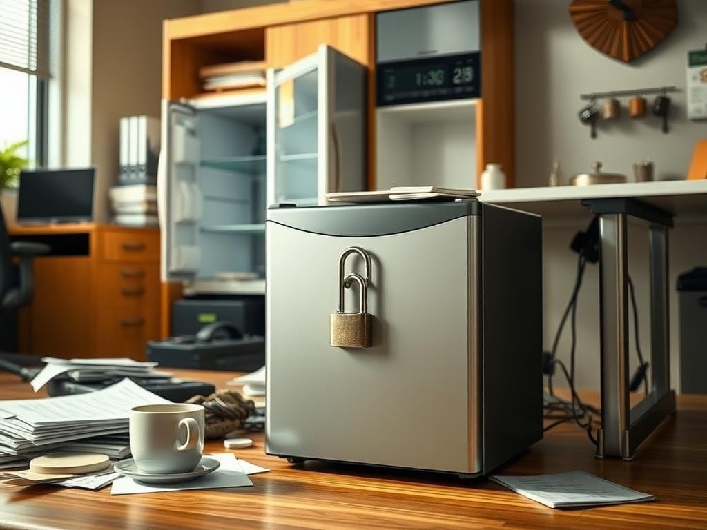 Flick International Locked mini-fridge under an office desk with padlock