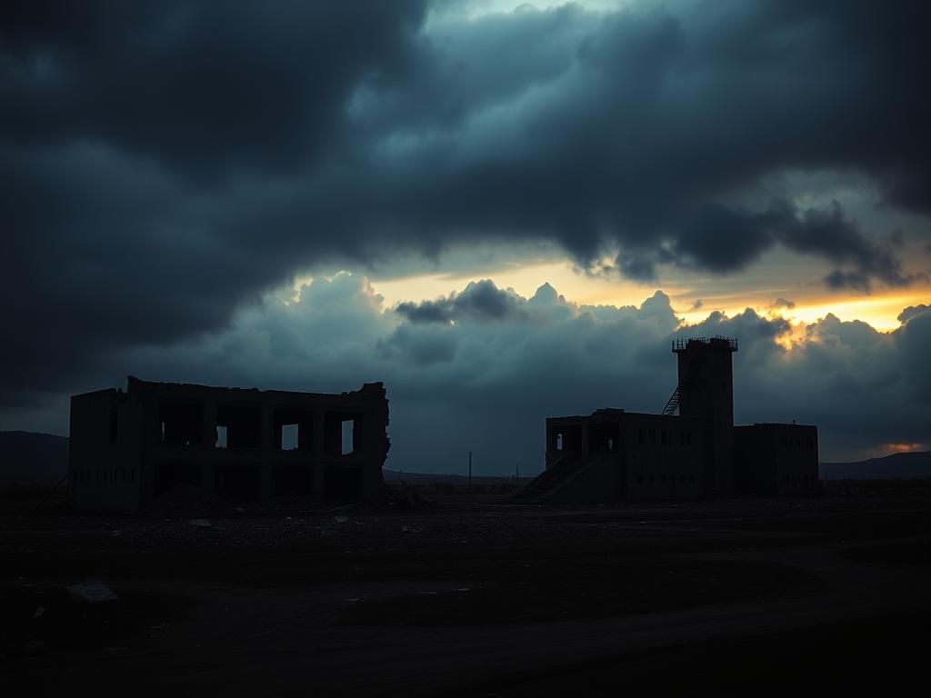 Flick International Dark landscape depicting the aftermath of military strikes on a damaged nuclear facility