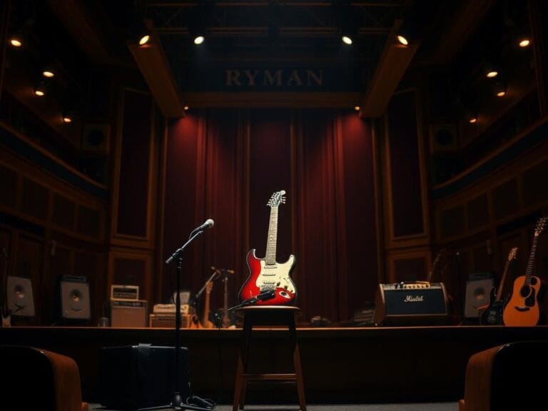 Flick International A classic electric guitar and vintage microphone on a dimly lit stage at the Ryman Auditorium