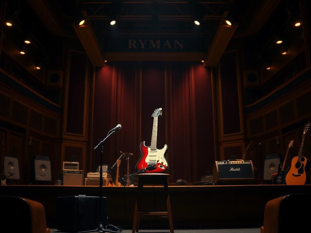 Flick International A classic electric guitar and vintage microphone on a dimly lit stage at the Ryman Auditorium