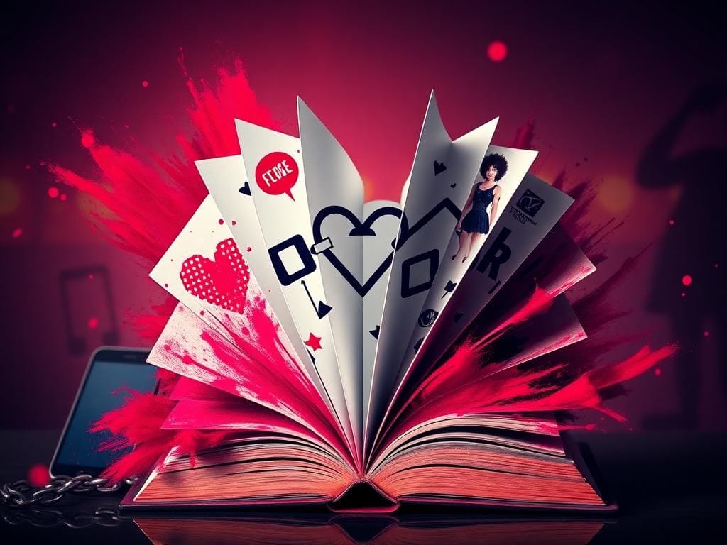 Flick International Abstract representation of an open book symbolizing free speech and expression with artistic symbols of pornography and digital age