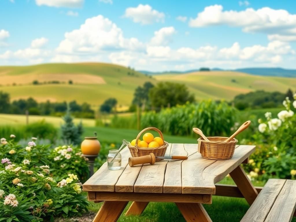 Flick International A serene outdoor scene featuring a well-tended garden and picnic table symbolizing family values.