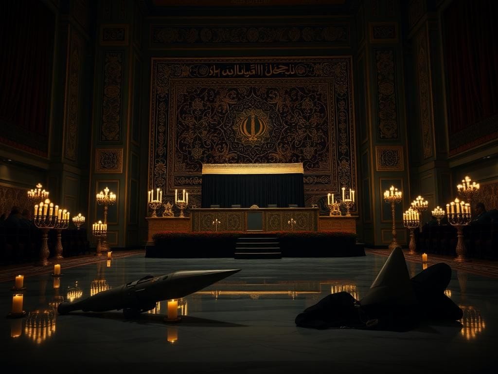 Flick International Ornate empty podium draped in black fabric at Ashoura ceremony symbolizing the absence of the Iranian Supreme Leader