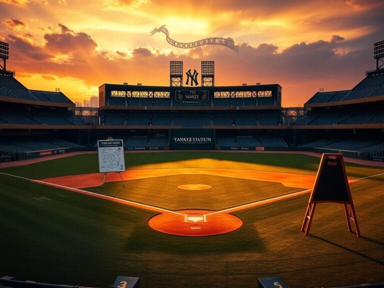 Flick International Baseball diamond at Yankee Stadium during sunset with strategic plays chalkboard