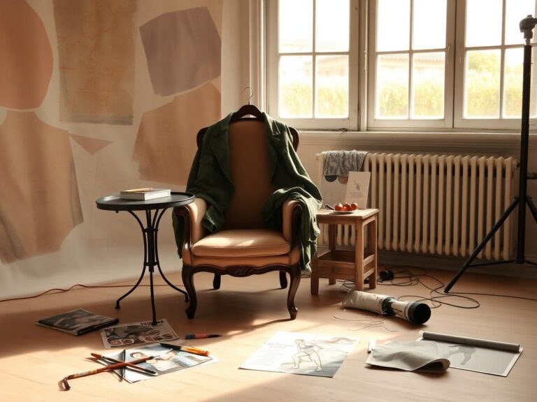 Flick International Soft-lit studio scene with an empty jacket draped over a vintage chair, creating an artistic ambiance.