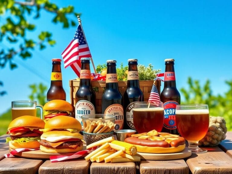 Flick International A vibrant still life of classic American foods and craft beers on a rustic picnic table