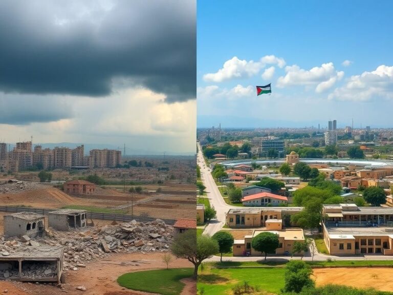 Flick International A split landscape image depicting the contrasts in Gaza’s future without Hamas, showcasing a war-torn cityscape and a vibrant community.