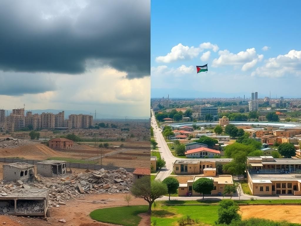 Flick International A split landscape image depicting the contrasts in Gaza’s future without Hamas, showcasing a war-torn cityscape and a vibrant community.
