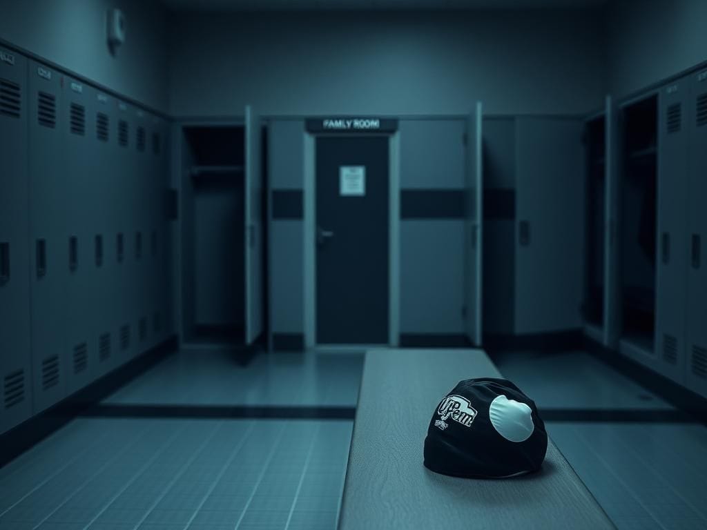 Flick International A serene locker room with empty lockers and a UPenn swim cap on a bench