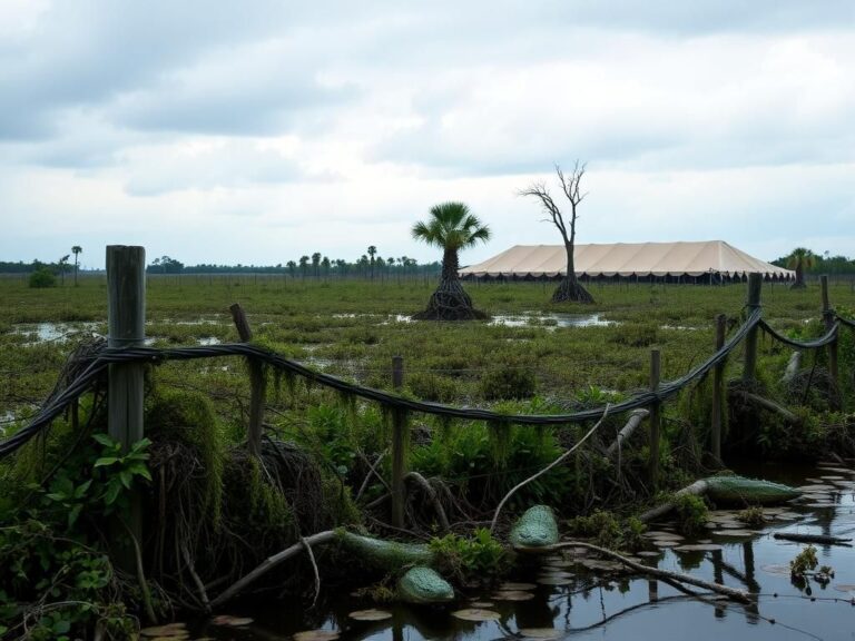 Flick International A desolate Everglades landscape with mangroves and a detention facility in the background