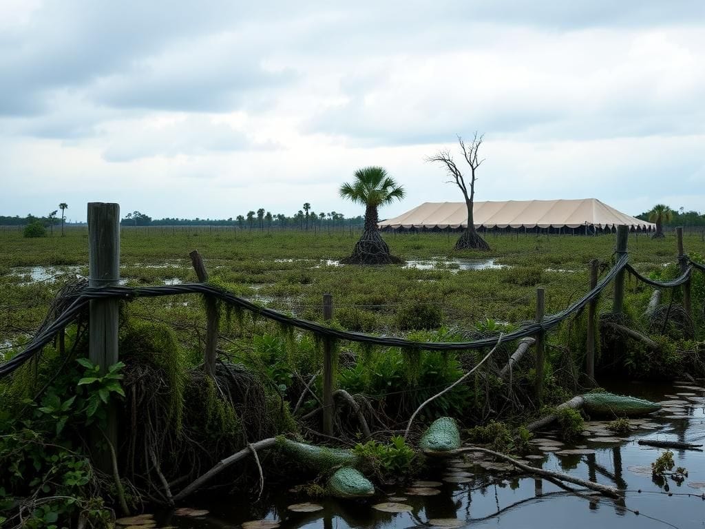 Flick International A desolate Everglades landscape with mangroves and a detention facility in the background