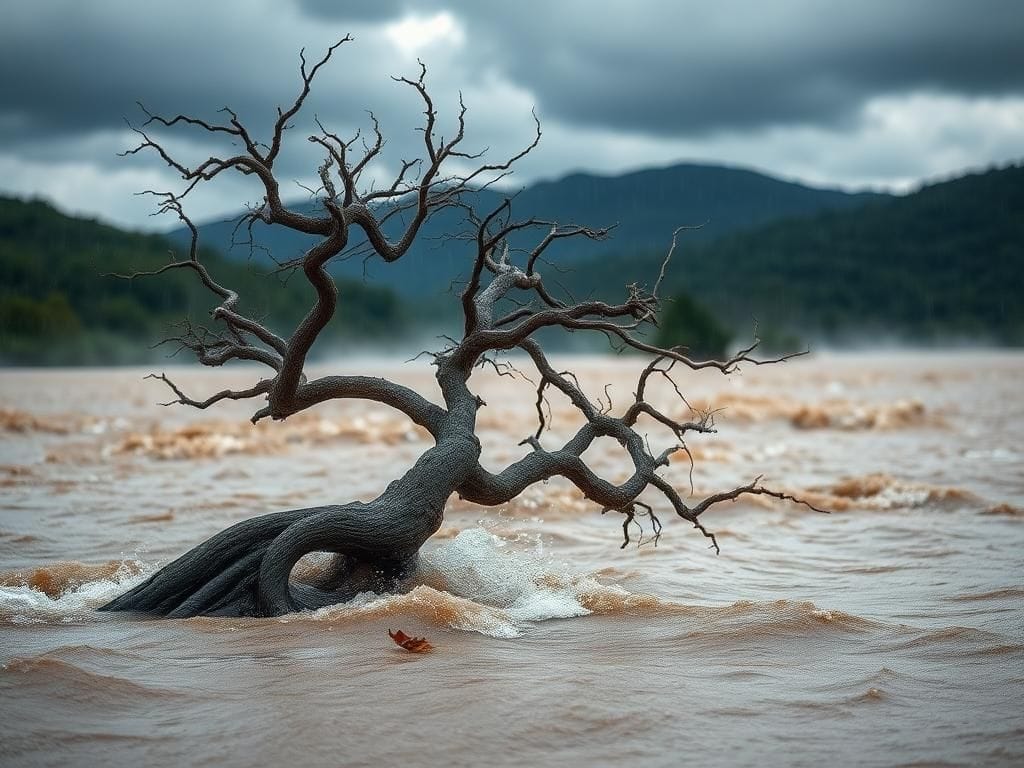 Flick International A dramatic river scene in Kerr County, Texas, during flash flooding, showing a gnarled tree resisting the rushing waters.