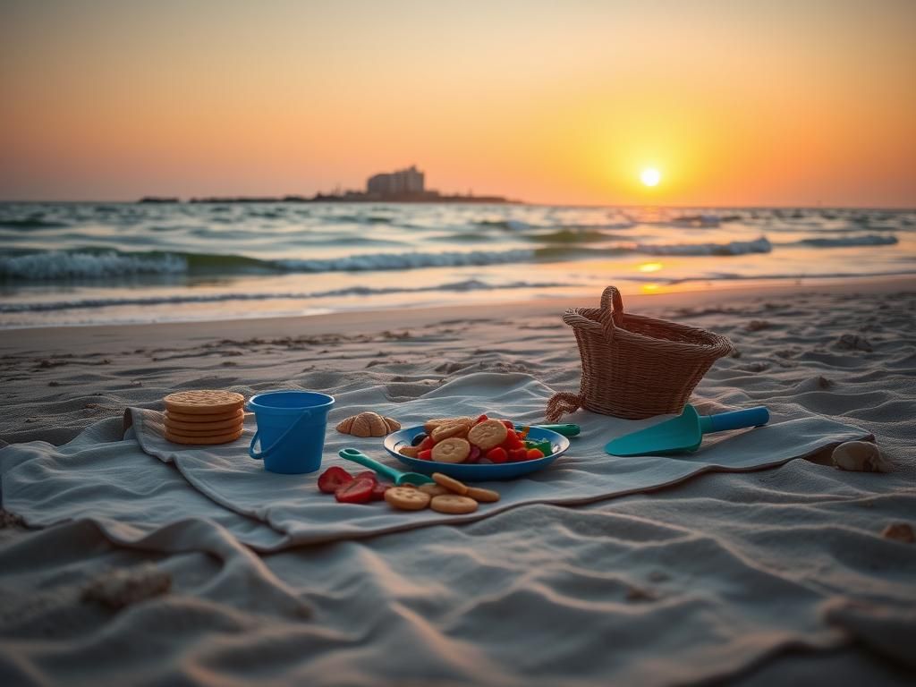 Flick International Serene beach scene at sunset with a picnic setup and children's toys.
