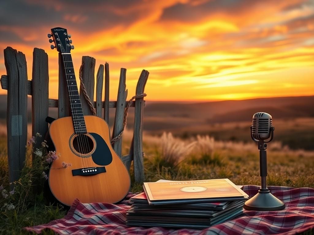Flick International Vintage acoustic guitar and microphone on a rustic picnic blanket in a serene sunset setting