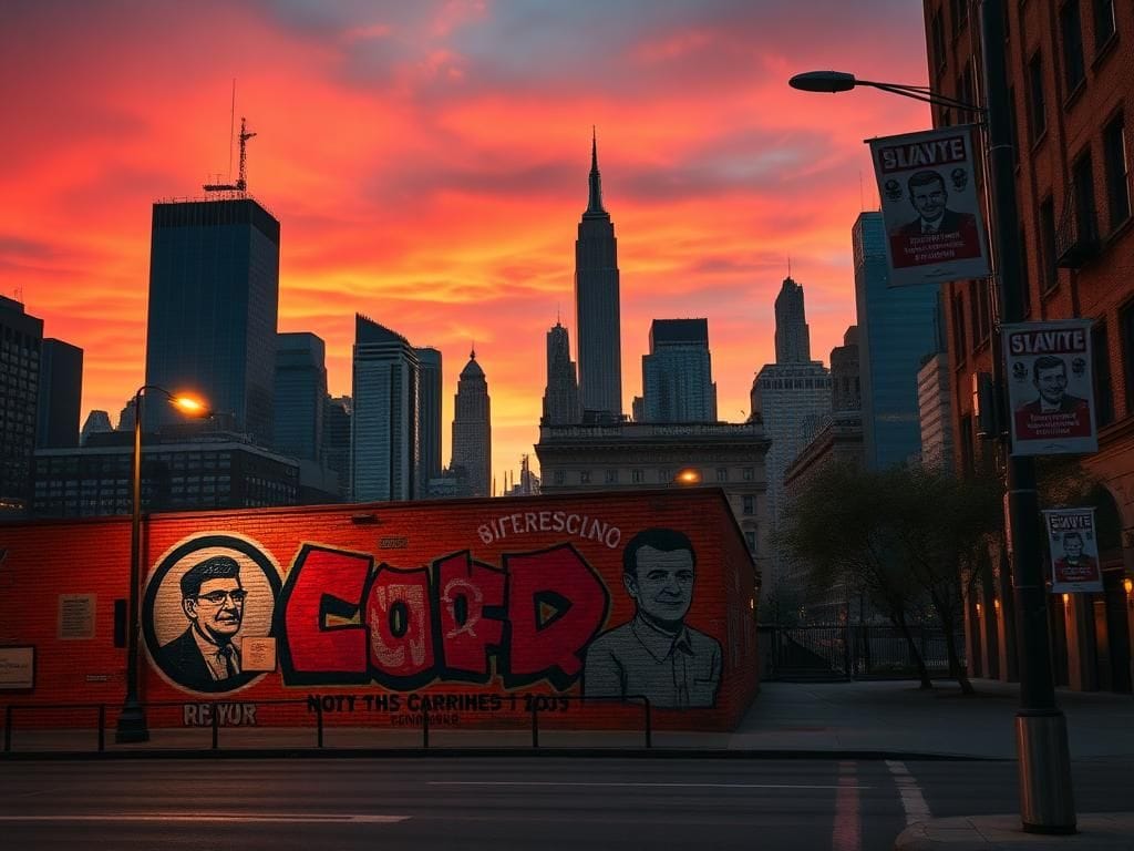 Flick International A dramatic cityscape of New York City at dusk featuring iconic skyscrapers and a street mural showcasing socialist symbols.