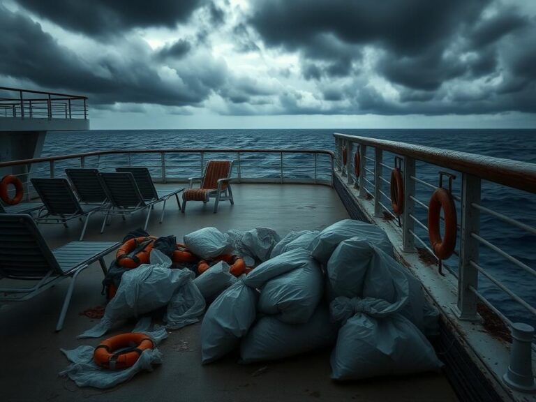 Flick International Deserted cruise ship deck with abandoned chairs and biohazard waste bags