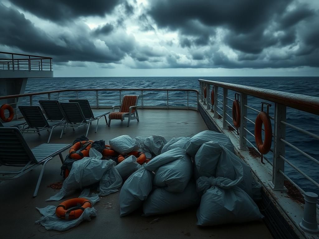 Flick International Deserted cruise ship deck with abandoned chairs and biohazard waste bags