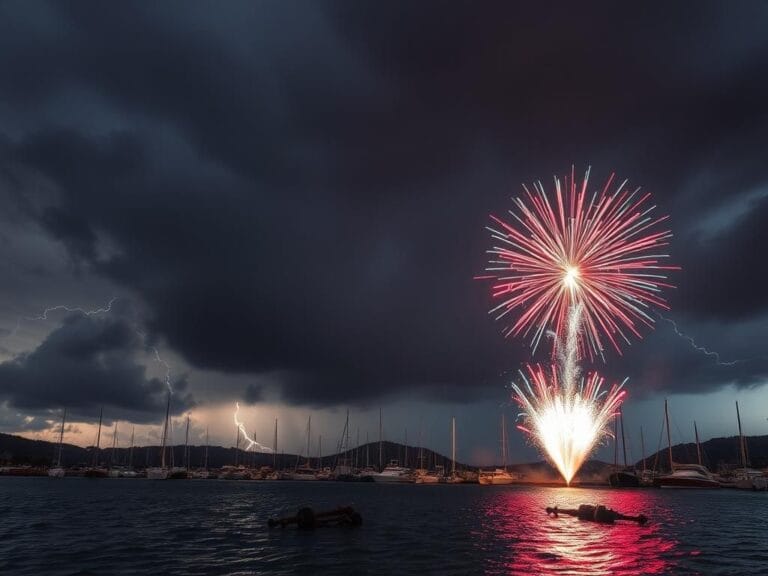 Flick International Dramatic stormy sky with lightning above a marina during a fireworks display