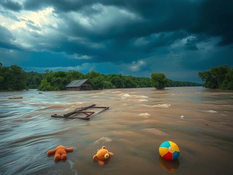 Flick International Swollen Guadalupe River in Texas after devastating flooding with remnants of Camp Mystic visible