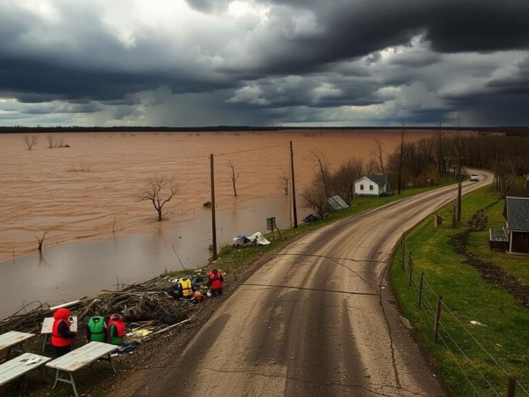 Flick International Dramatic landscape of Texas flood aftermath with submerged rural road and debris