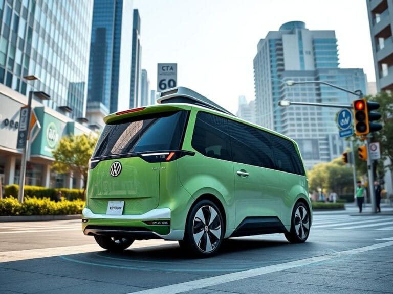 Flick International Volkswagen ID. Buzz autonomous van parked in an urban landscape with smart city features
